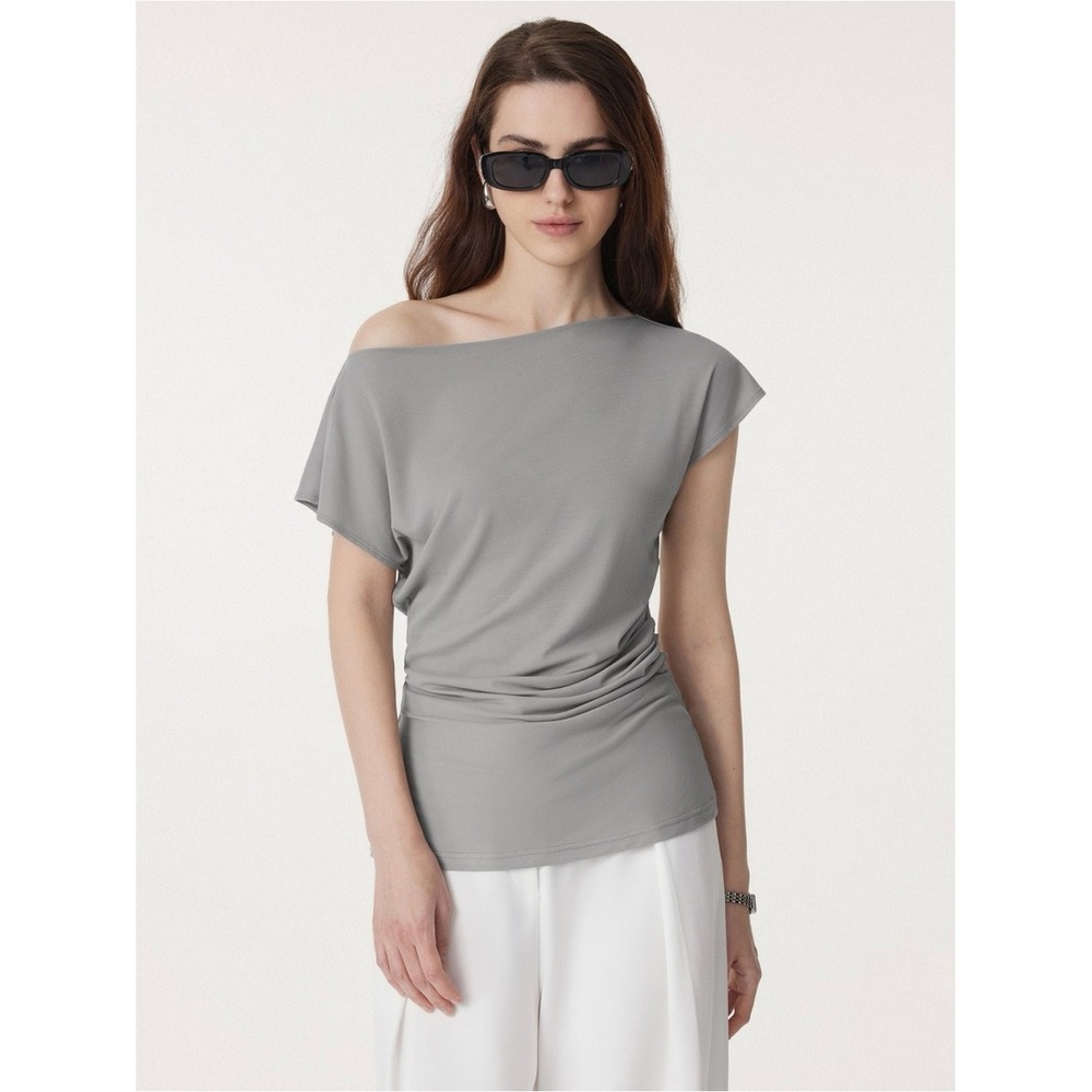 OGL Eco-SkinKiss Boatneck Flutter‎ Sleeve Side Tucked Long Tee gray large NWT - Picture 6 of 16